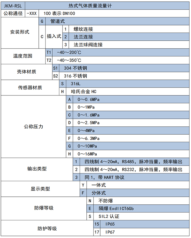 DN15熱式氣體質量流量計選項表