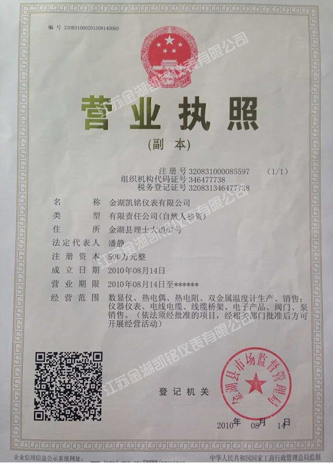 金湖凱銘儀表有限公司營(yíng)業(yè)執(zhí)照